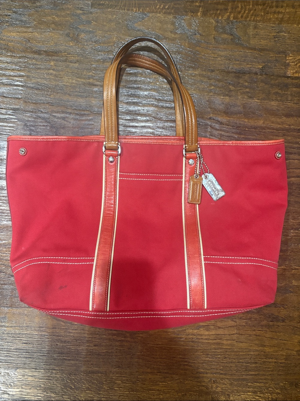 Coach Red Canvas Tote Bag with Brown Leather Trim